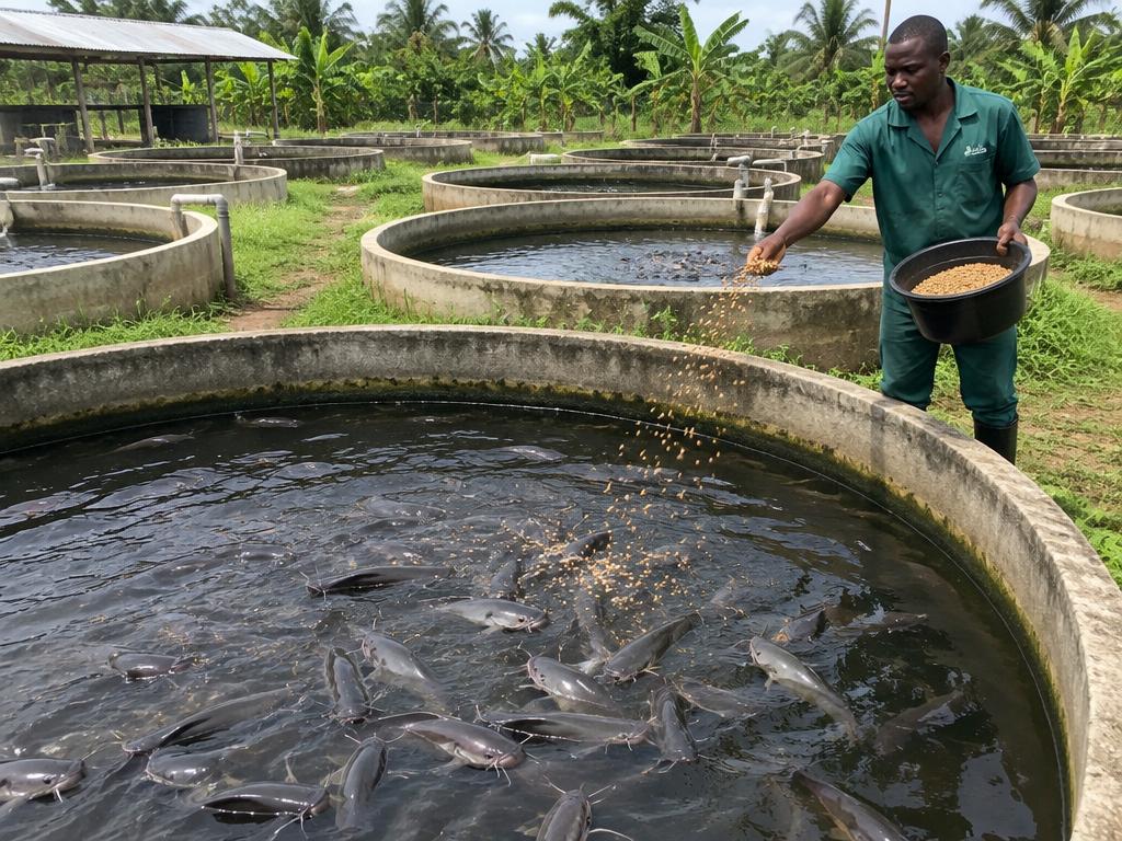 Farm worker feeding catfish in the ponds at Bomar Farms