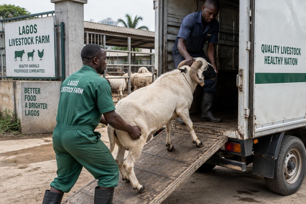 Farm workers loading a ram into a delivery truck in Lagos